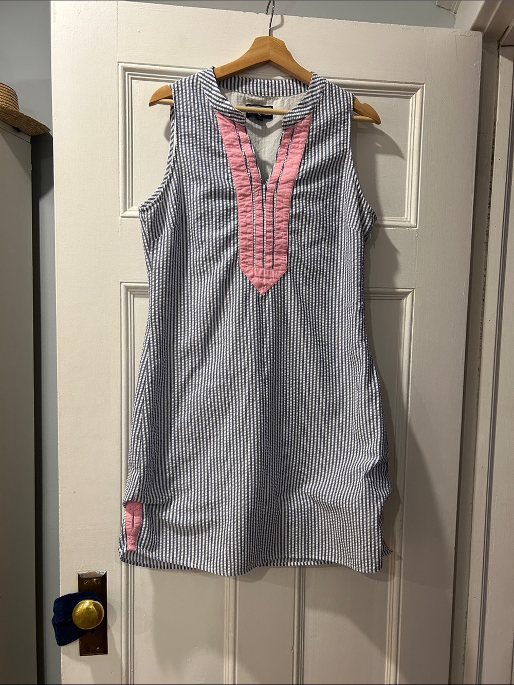 Duffield Lane Blue and Pink Striped Trim Shift
